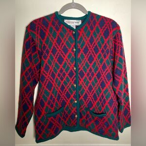 Crystal-Kobe Red Green Argyle Knit Cardigan Jacket Gold Buttons M